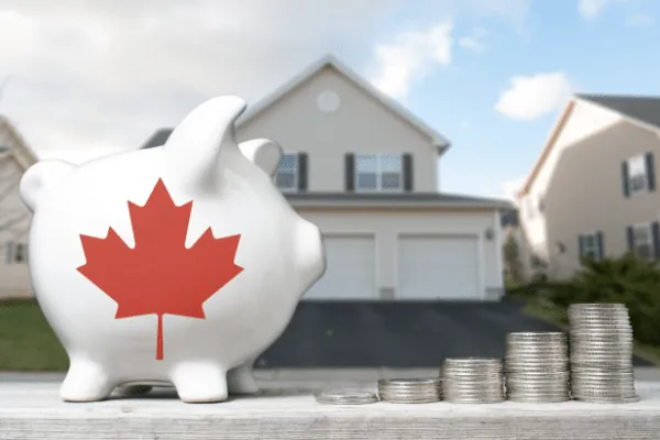 Canadian piggy bank and coins in front of a house for real estate investment